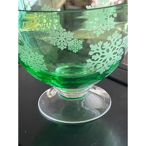Vintage MCM 60’s Green Compote Bowl With Clear Footed Base & Frosted Snowflakes - Picture 2 of 6